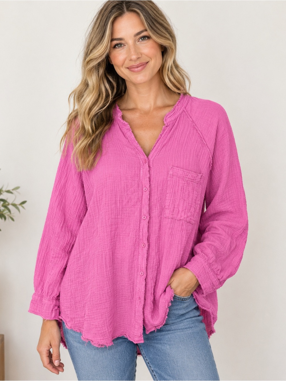 Aerie Pink Long Sleeve Button-Up Shirt Size Medium